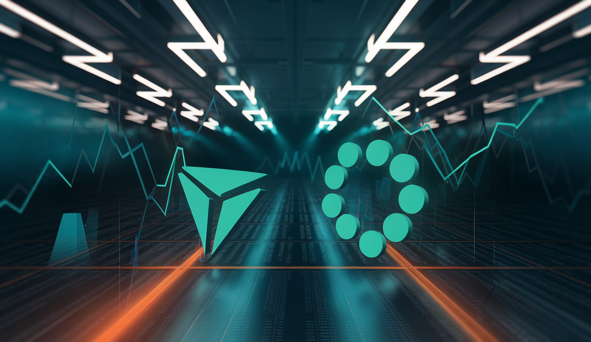 Graphique détaillé illustrant la performance future des cryptomonnaies Tron et Cardano sur un fond technologique.