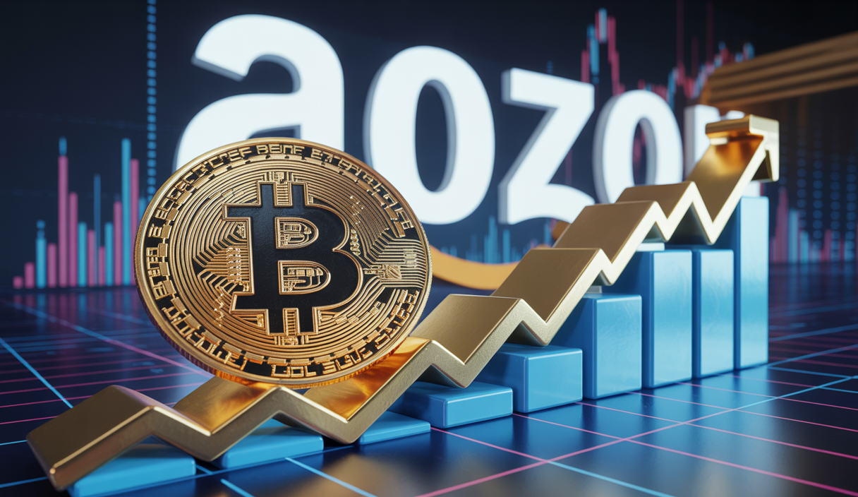 Illustration de Bitcoin atteignant un sommet historique, surpassant Amazon, avec une ambiance de triomphe.