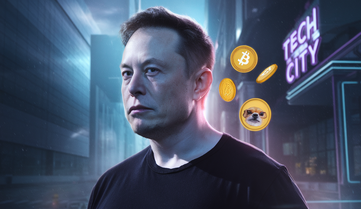 Portrait artistique et dynamique d'Elon Musk influençant le marché des cryptomonnaies