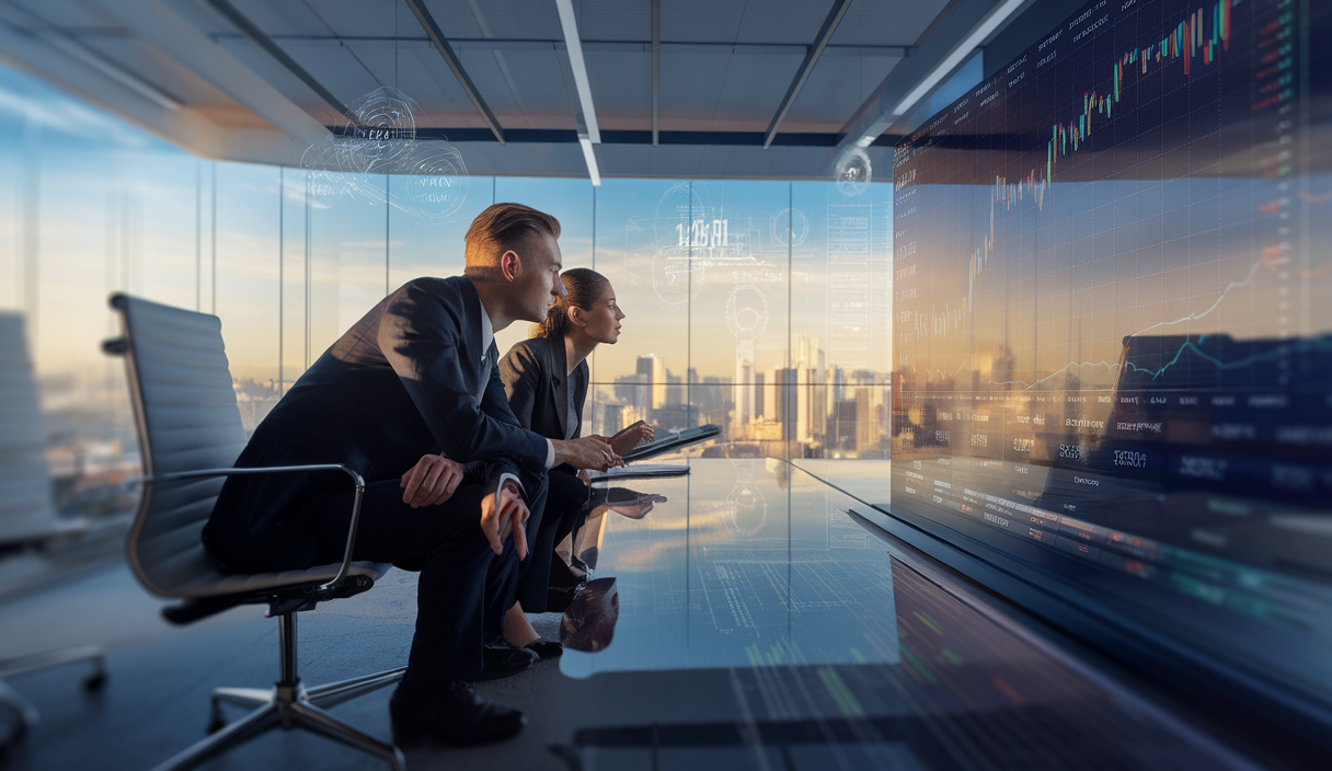 Personnes analysant des graphiques financiers sur un écran lumineux dans un bureau moderne.