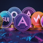 Représentation visuelle de cryptomonnaies prometteuses en 2025 avec graphiques de croissance et logos emblématiques