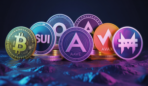 Représentation visuelle de cryptomonnaies prometteuses en 2025 avec graphiques de croissance et logos emblématiques