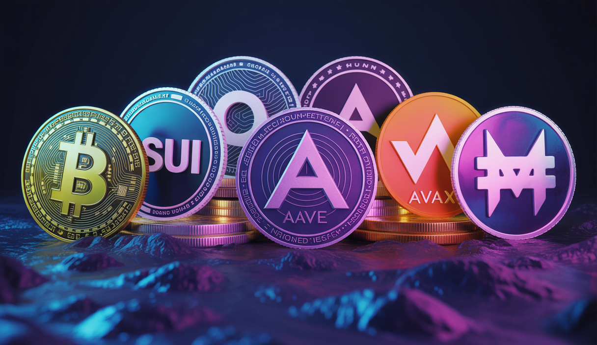 Représentation visuelle de cryptomonnaies prometteuses en 2025 avec graphiques de croissance et logos emblématiques